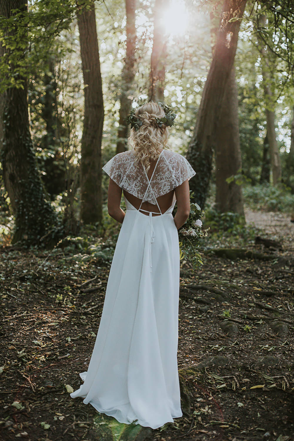 Dress Gown Bride Bridal French Chantilly Lace Silk Georgettes Tulle Sleeves Cape Modern Bohemian Woodland Wedding Ideas Lily Lane Photography