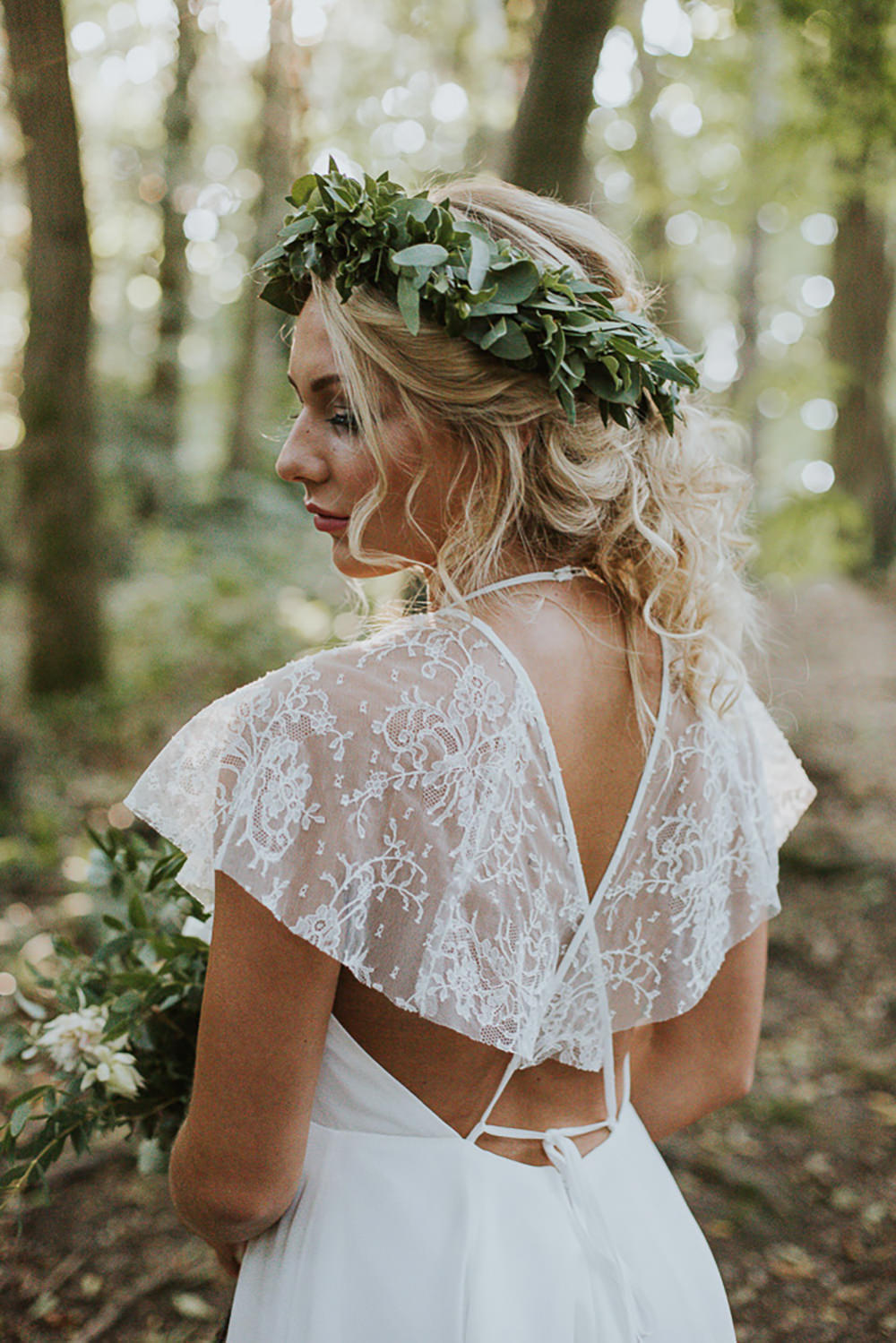 Greenery Foliage Flowers Crown Ribbon Bride Bridal Headdress Halo Hair Curls Waves Modern Bohemian Woodland Wedding Ideas Lily Lane Photography