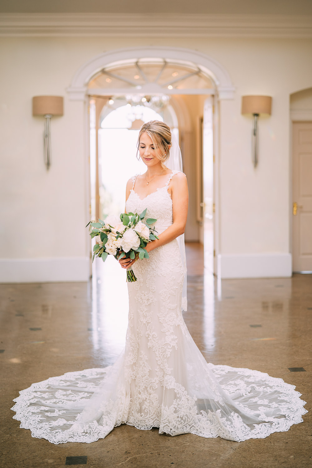 Lace Strap Gown Bride Bridal Dress Train Enzoani Old Down Estate Wedding Albert Palmer Photography