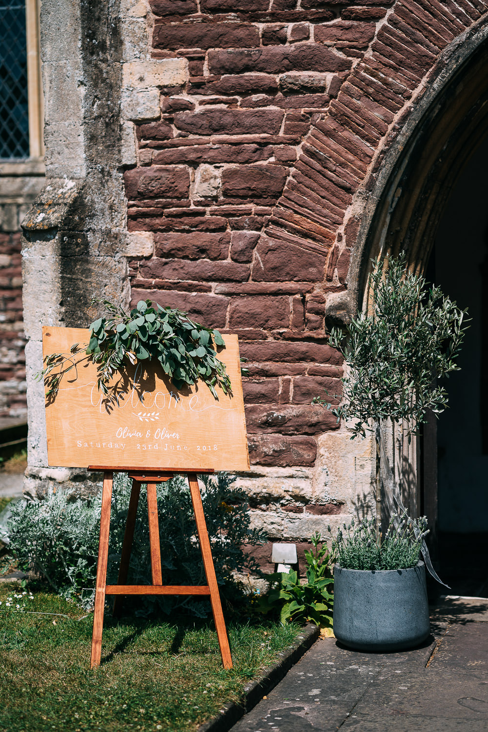 Welcome Sign Wood Calligraphy Greenery Foliage Easel Old Down Estate Wedding Albert Palmer Photography