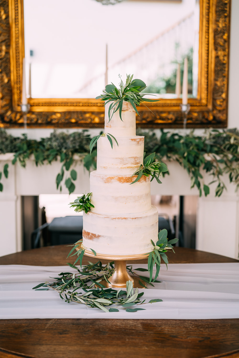 Semi Naked Cake Greenery Foliage Gold Stand Old Down Estate Wedding Albert Palmer Photography