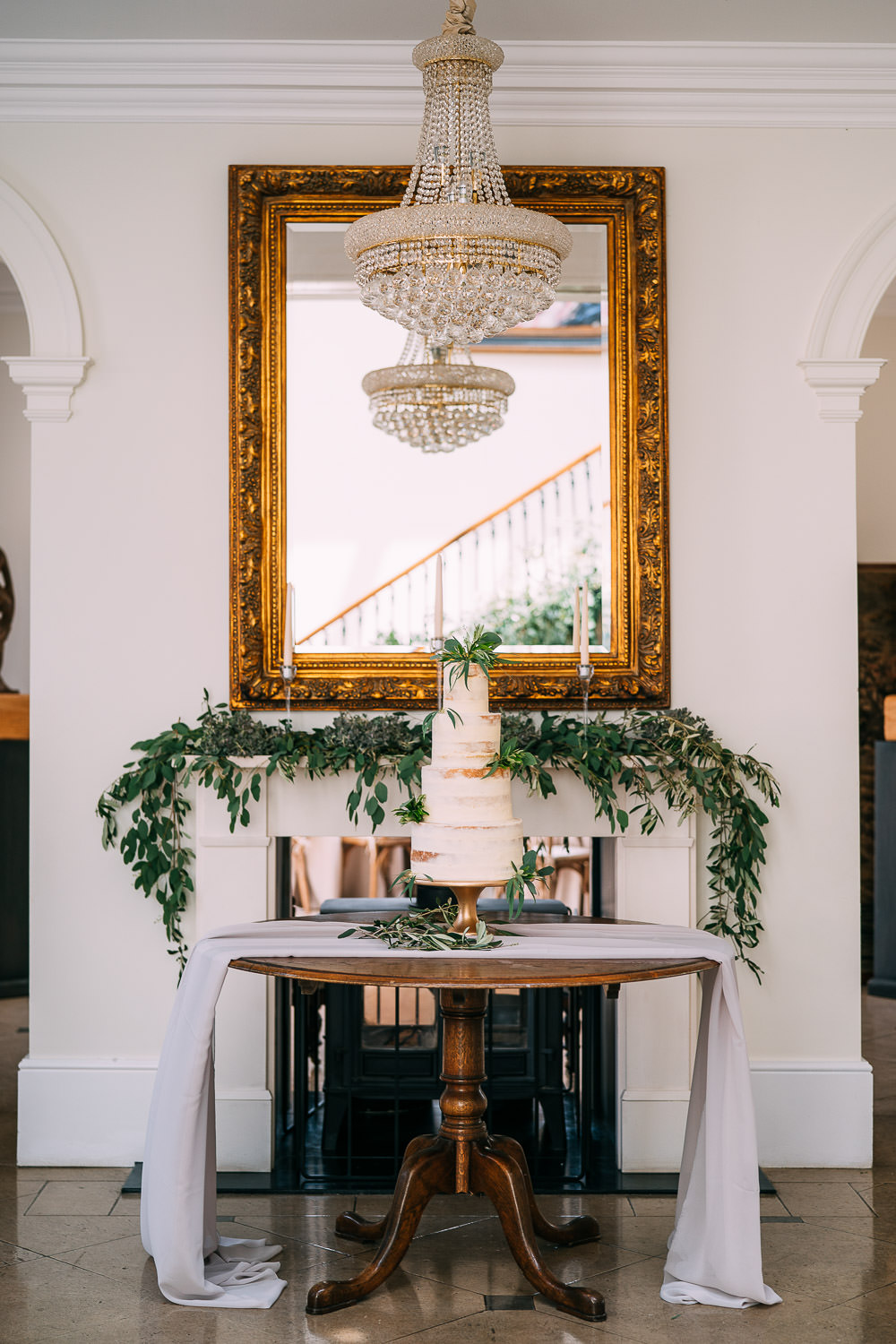 Semi Naked Cake Greenery Foliage Gold Stand Old Down Estate Wedding Albert Palmer Photography