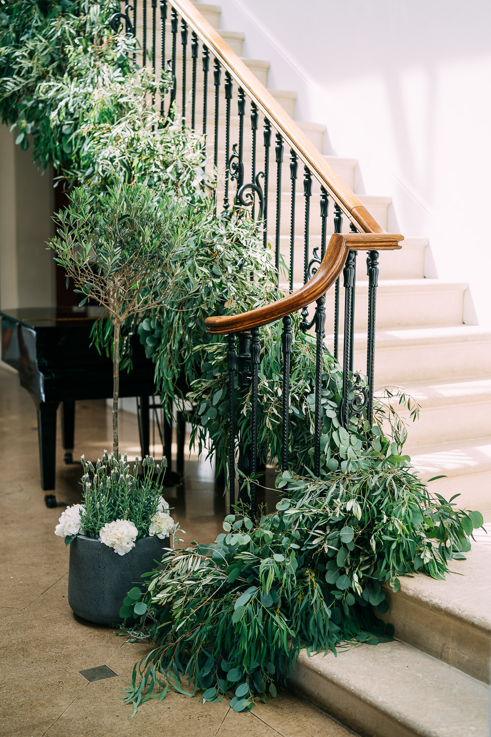 Staircase Flowers Greenery Foliage Old Down Estate Wedding Albert Palmer Photography