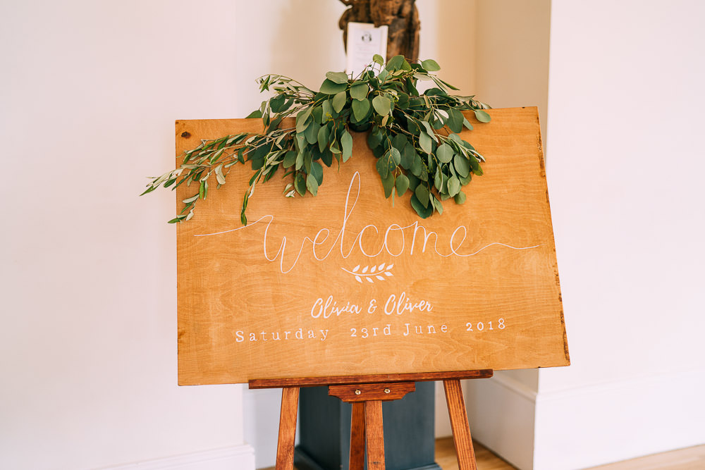 Welcome Sign Wood Calligraphy Greenery Foliage Easel Old Down Estate Wedding Albert Palmer Photography