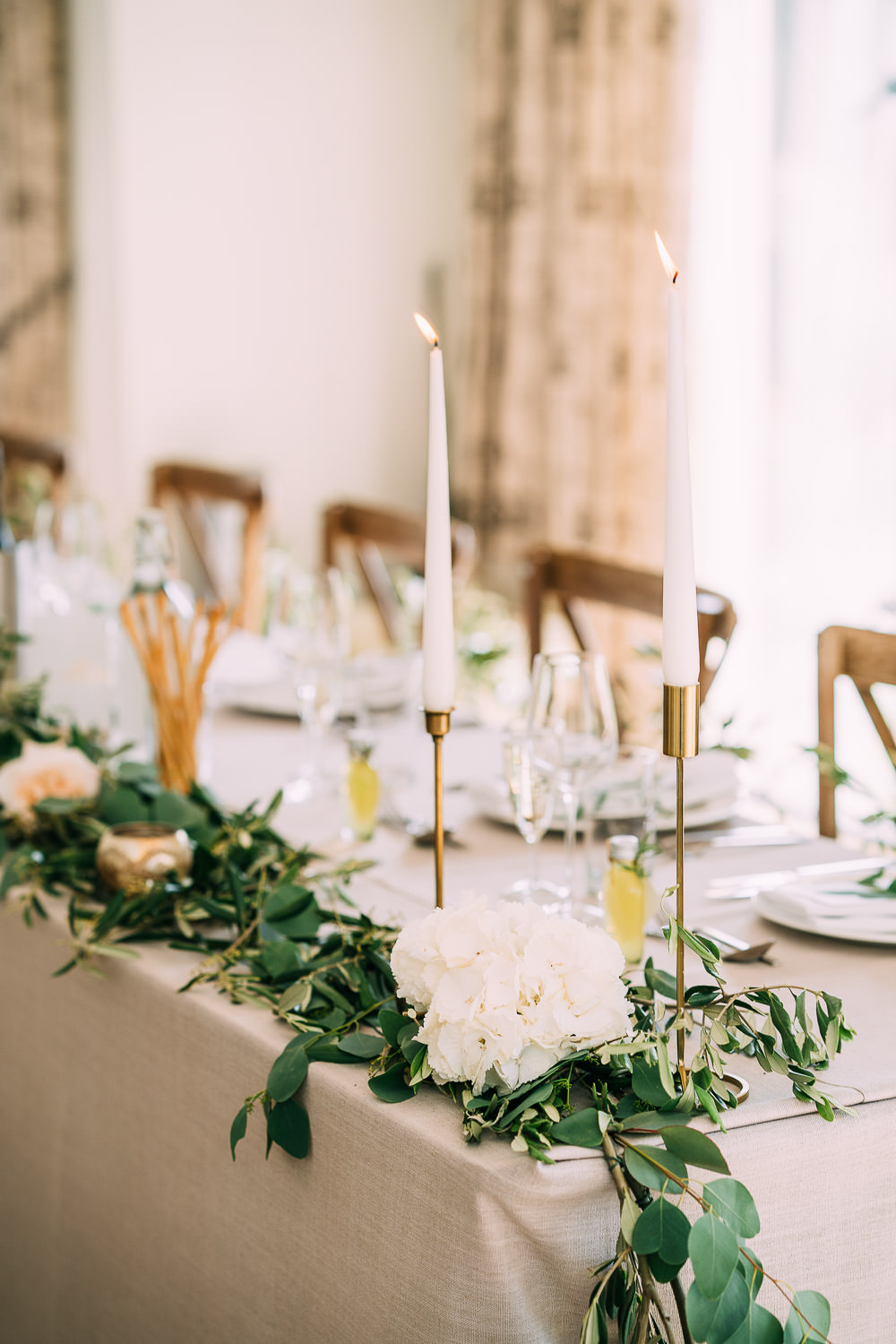 Gold Brass Candle Sticks Tables Greenery Foliage Runner Garland Old Down Estate Wedding Albert Palmer Photography
