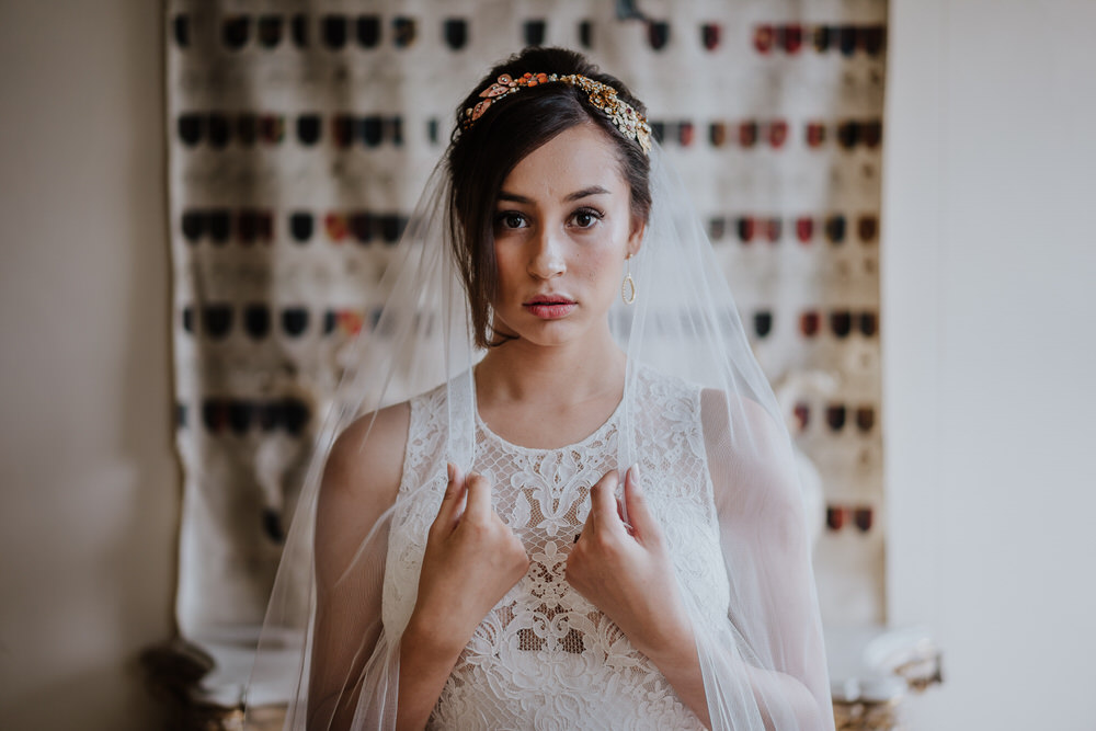 Bride Bridal Dress Gown High Neck Straps Veil Pylewell Park Wedding New Forest Studio