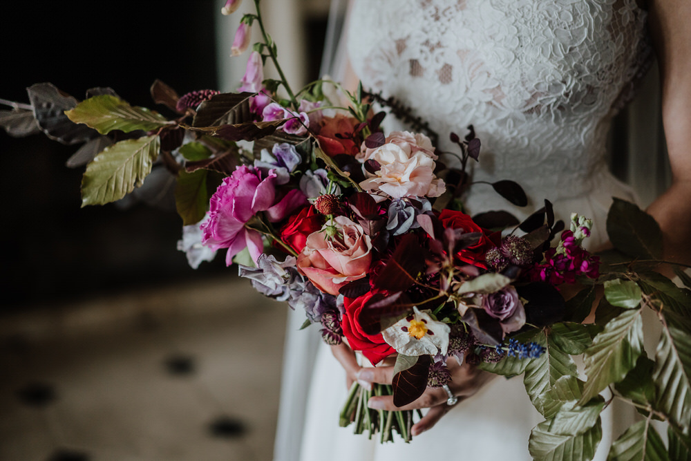Bouquet Flowers Bride Bridal Rose Foliage Greenery Red Pink Wild Natrual Foxglove Pylewell Park Wedding New Forest Studio