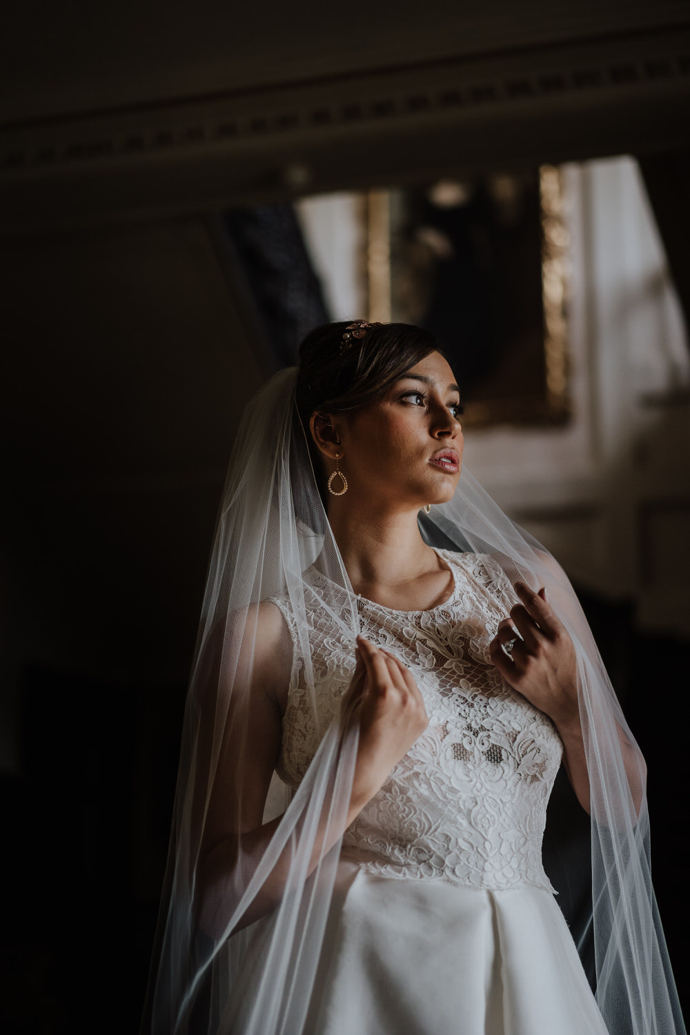 Bride Bridal Dress Gown Empire Line High Neck Straps Veil Pylewell Park Wedding New Forest Studio