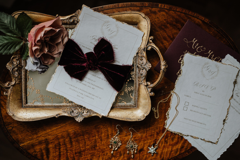 Stationery Invites Invitations Red Burgundy Velvet Ribbon Tray Pylewell Park Wedding New Forest Studio
