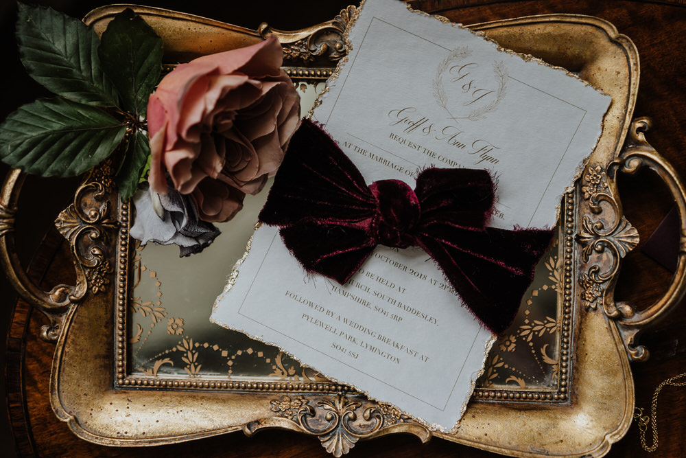 Stationery Invites Invitations Red Burgundy Velvet Ribbon Tray Pylewell Park Wedding New Forest Studio