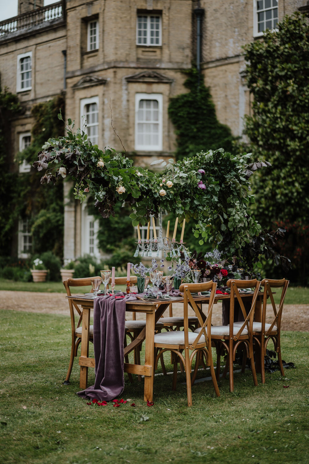 Tablescape Table Decor Outdoor Cloud Suspended Flower Hanging Installation Runner Pylewell Park Wedding New Forest Studio