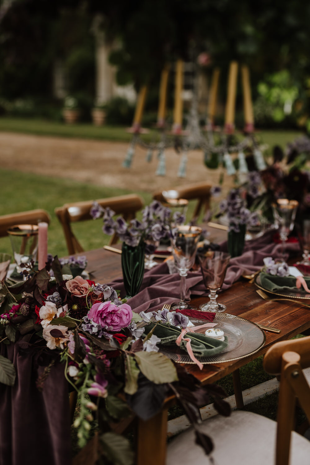 Purple Violet Lilac Tablescape Table Decor Silk Cloth Flowers Pylewell Park Wedding New Forest Studio