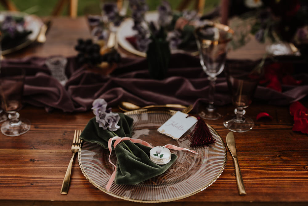 Purple Violet Lilac Tablescape Table Decor Silk Cloth Flowers Place Setting Pylewell Park Wedding New Forest Studio