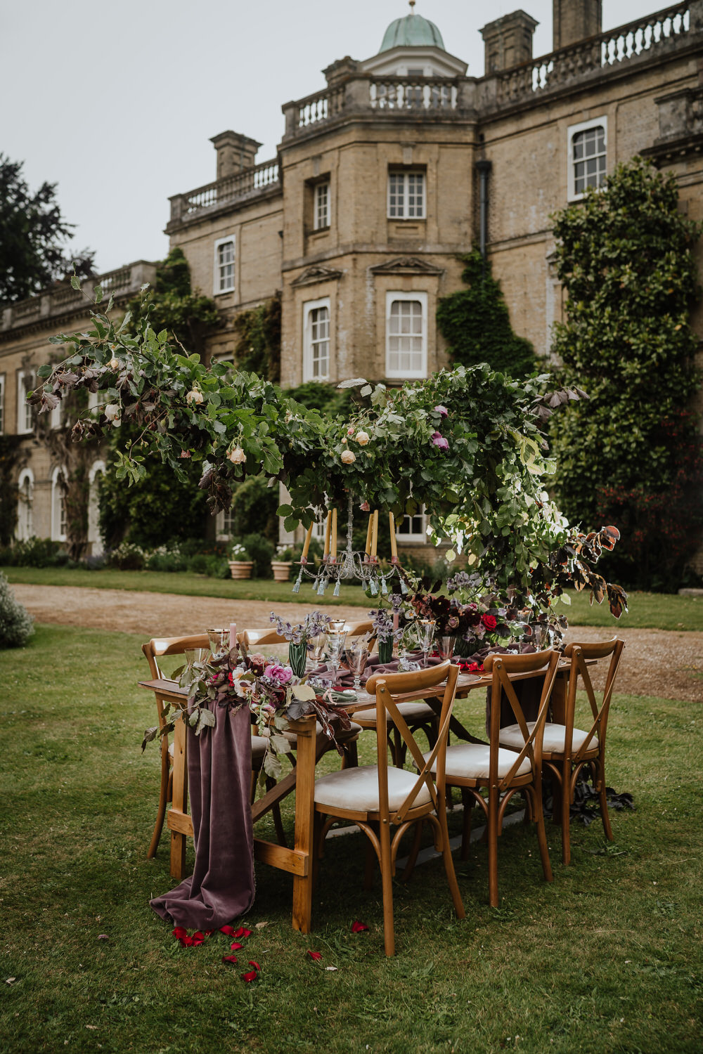 Tablescape Table Decor Outdoor Cloud Suspended Flower Hanging Installation Runner Pylewell Park Wedding New Forest Studio