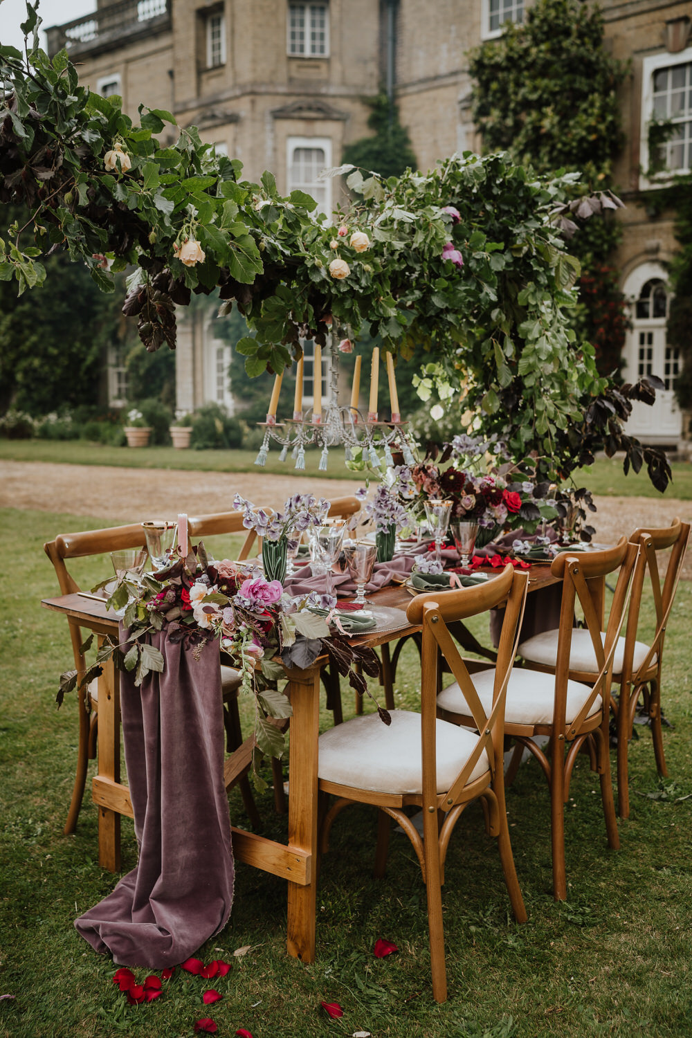 Tablescape Table Decor Outdoor Cloud Suspended Flower Hanging Installation Runner Pylewell Park Wedding New Forest Studio