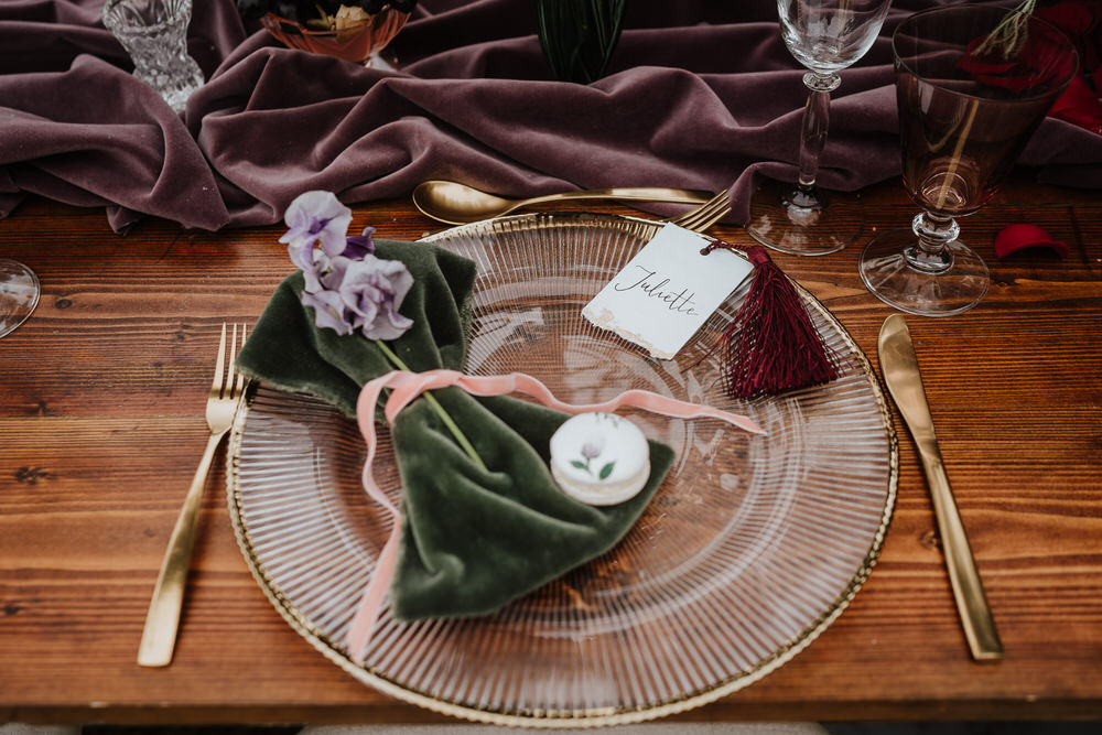 Place Setting Plate Velvet Favour Bag Place Name Calligraphy Macaron Pylewell Park Wedding New Forest Studio