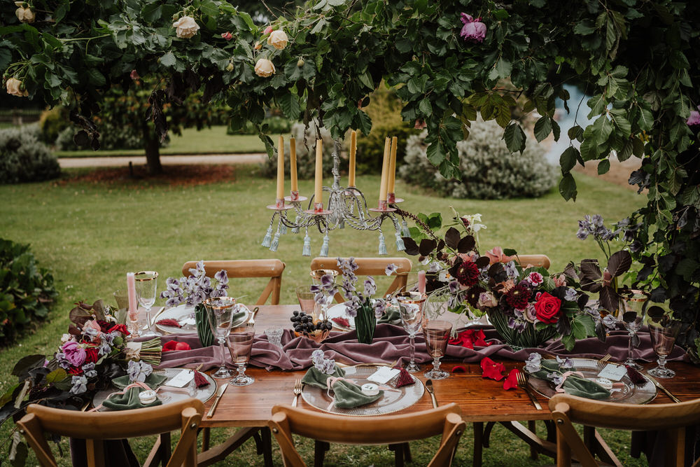 Purple Violet Lilac Tablescape Table Decor Silk Cloth Flowers Pylewell Park Wedding New Forest Studio