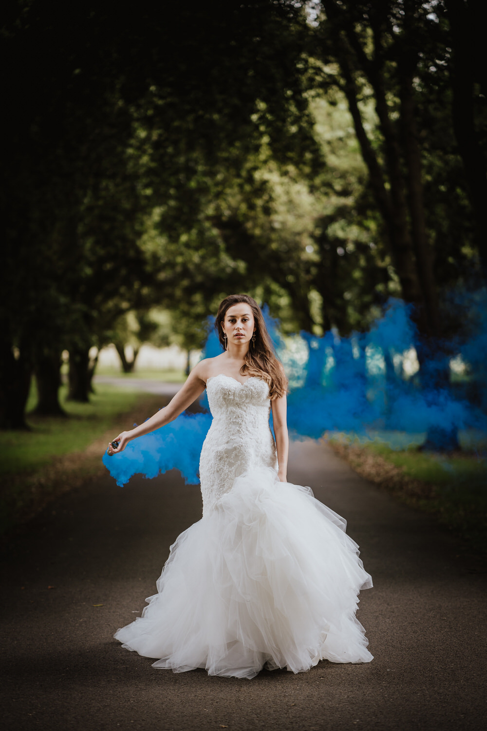 Smoke Bomb Bride Bridal Dress Gown Fit Flare Lace StraplessPylewell Park Wedding New Forest Studio