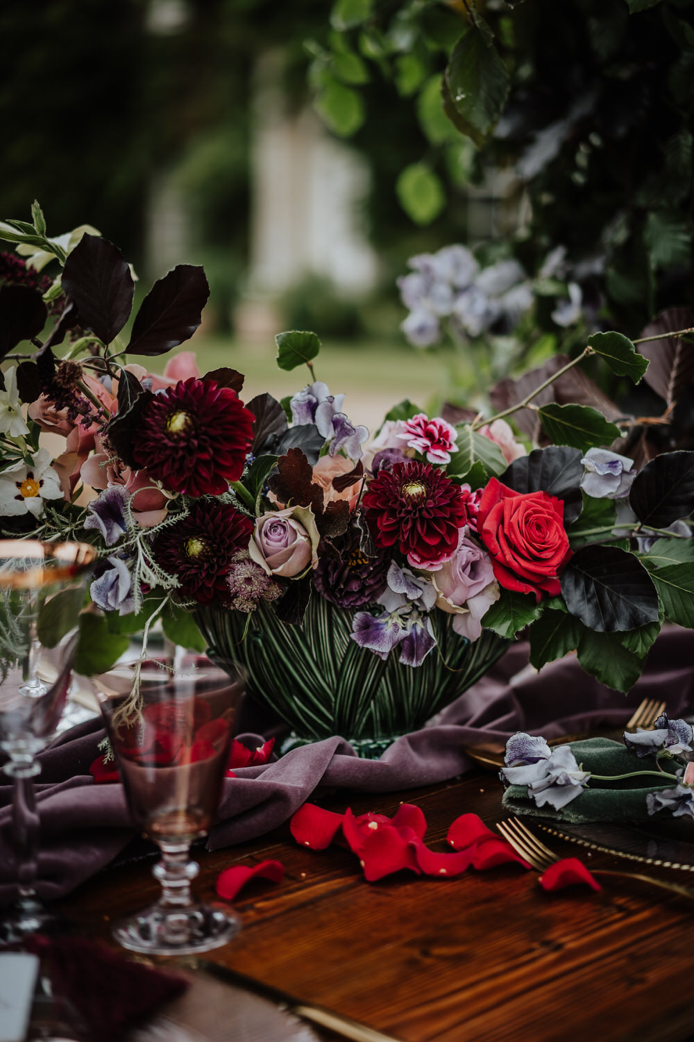 Dahlia Rose Purple Violet Lilac Tablescape Table Decor Silk Cloth Flowers Pylewell Park Wedding New Forest Studio