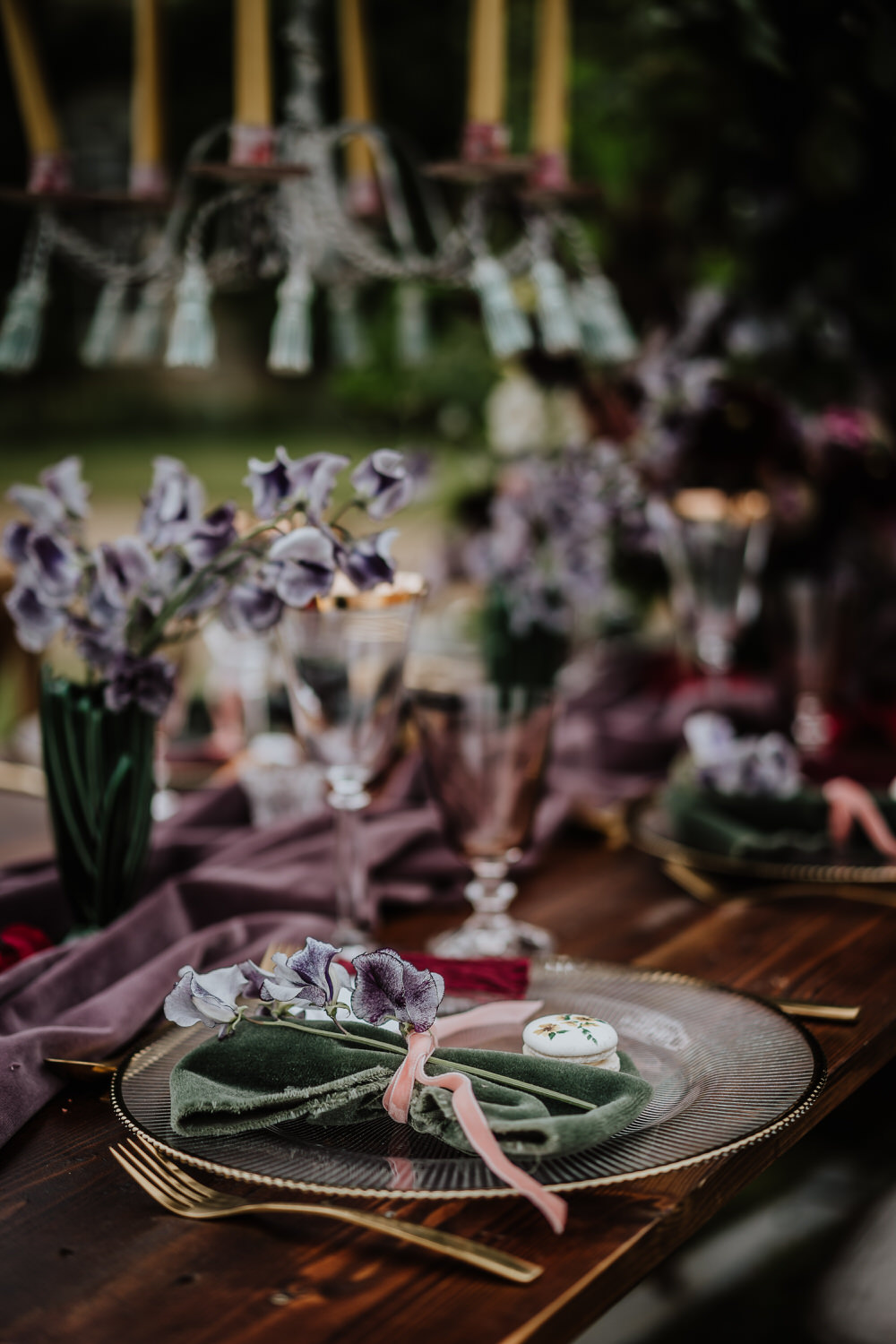 Purple Violet Lilac Tablescape Table Decor Silk Cloth Flowers Pylewell Park Wedding New Forest Studio