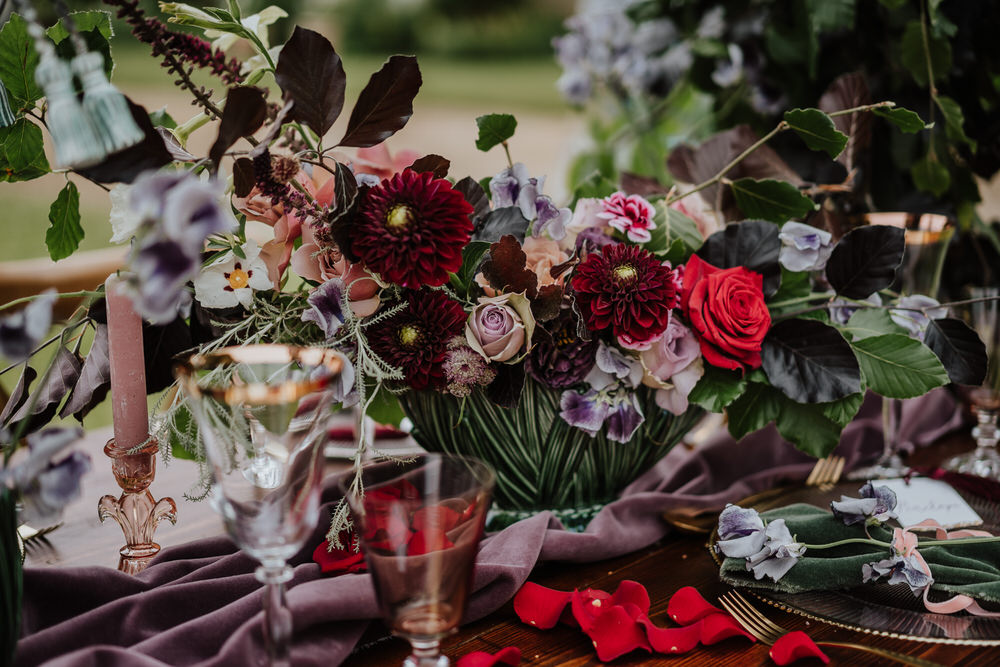 Dahlia Rose Purple Violet Lilac Tablescape Table Decor Silk Cloth Flowers Pylewell Park Wedding New Forest Studio