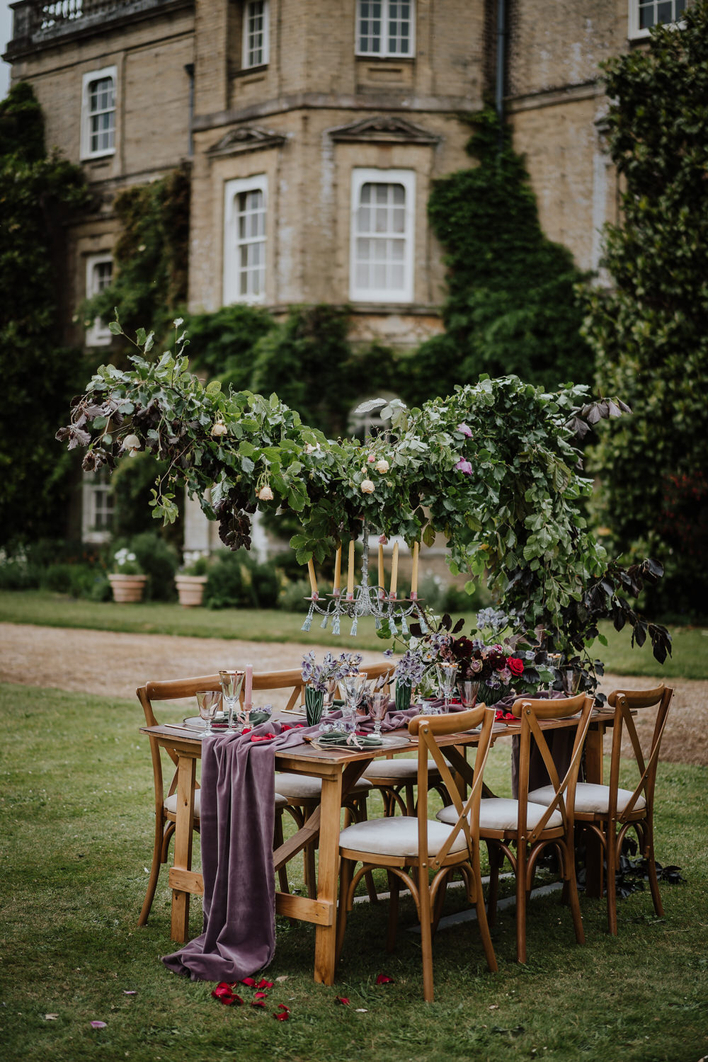 Tablescape Table Decor Outdoor Cloud Suspended Flower Hanging Installation Runner Pylewell Park Wedding New Forest Studio
