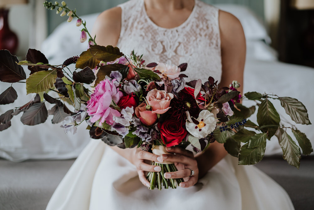 Bouquet Flowers Bride Bridal Rose Foliage Greenery Red Pink Wild Natrual Foxglove Pylewell Park Wedding New Forest Studio