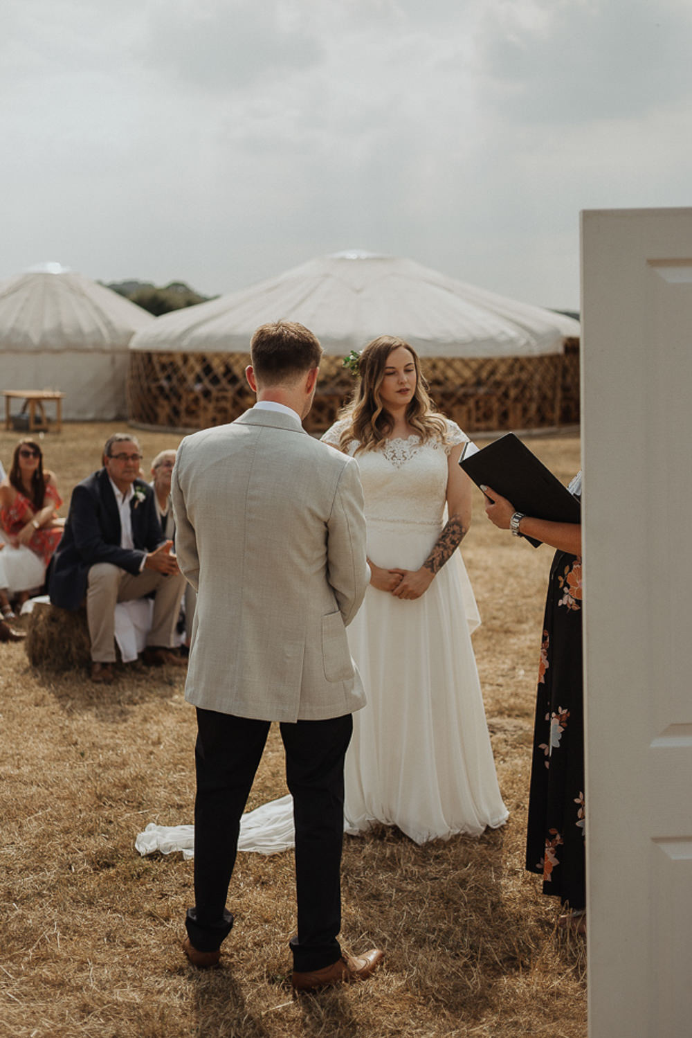 Bride Bridal Dress Gown Veil Train Stella York Lace Chiffon Sleeves Cap Riverside Weddings Oxfordshire Yurt Luis Calow Photographer