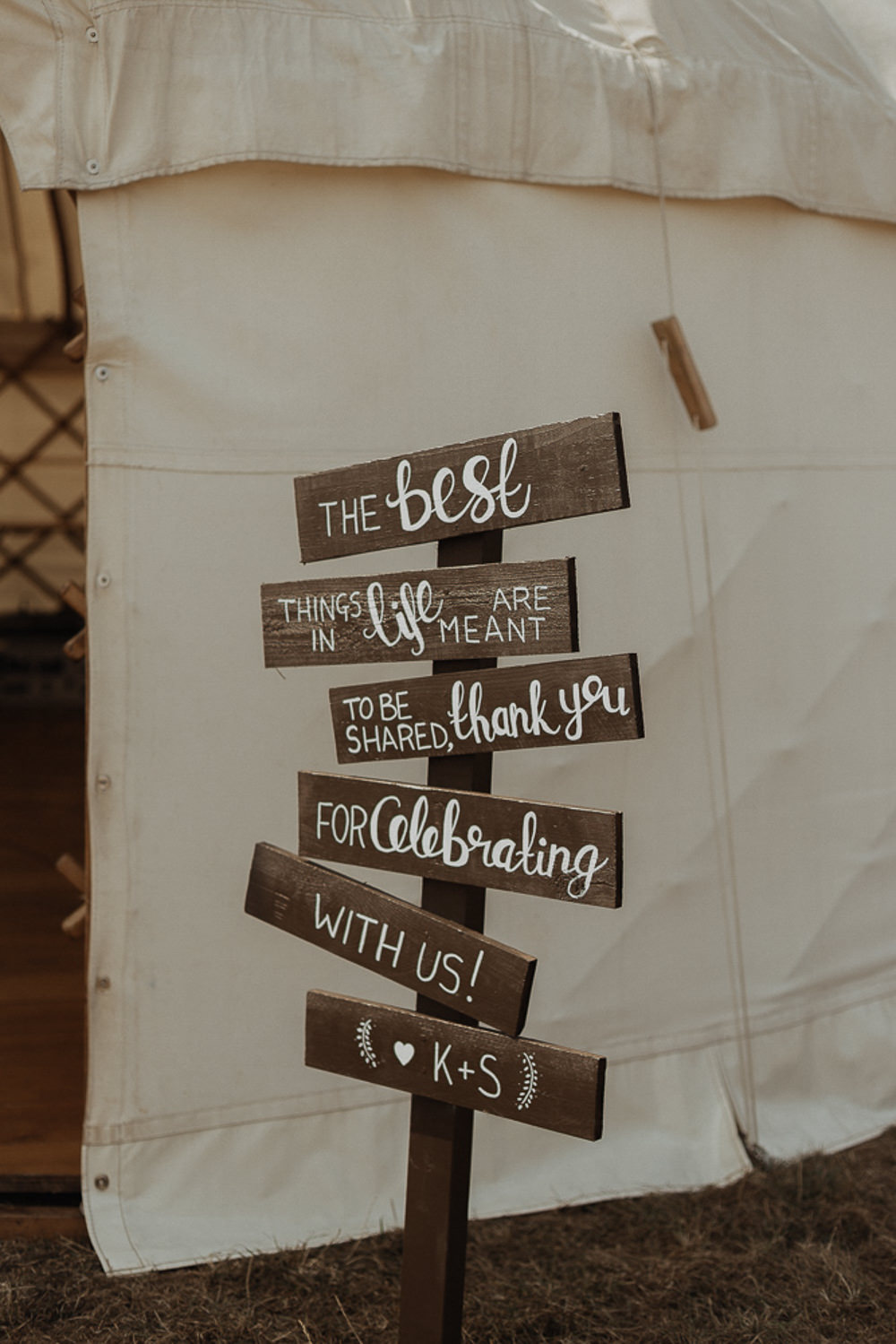 Wooden Painted Rustic Sign Post Signage Riverside Weddings Oxfordshire Yurt Luis Calow Photographer