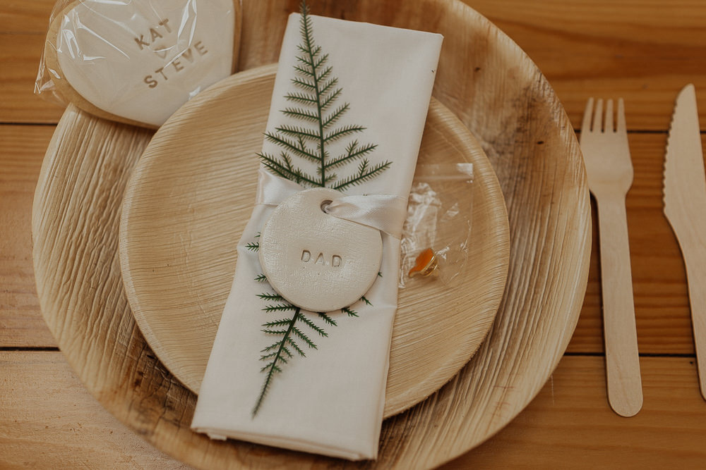 Wooden Plates Eco Greenery Place Name Setting Clay Riverside Weddings Oxfordshire Yurt Luis Calow Photographer