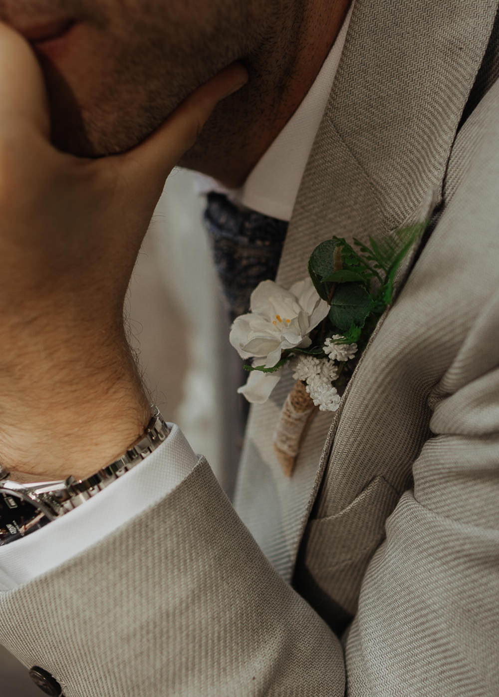 Groom Buttonhole Flowers Twine Greenery Foliage Riverside Weddings Oxfordshire Yurt Luis Calow Photographer