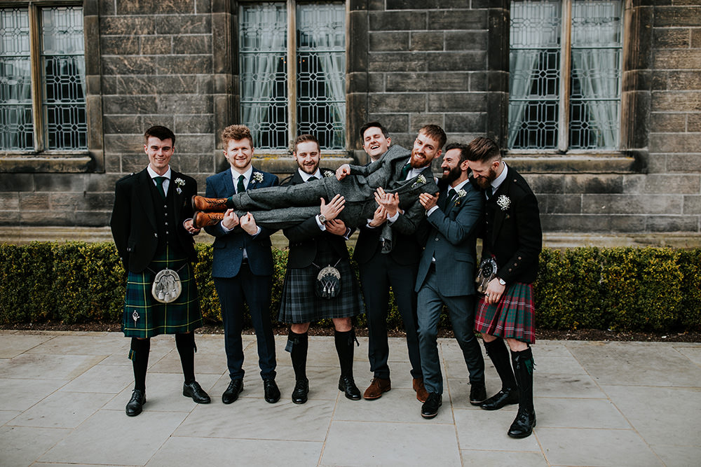 Groom Groomsmen Kilts Suits Scandi Foliage Wedding Ross Alexander Photography
