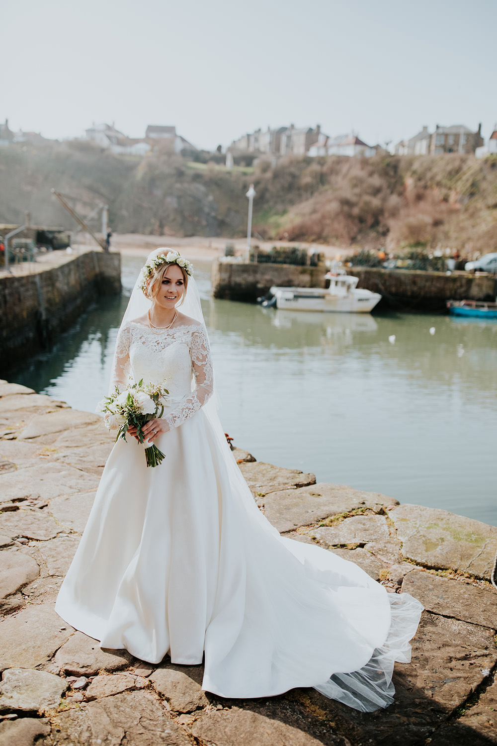 Dress Gown Bride Bridal Lace Long Sleeves Bardot Off Shoulder Train Veil Flower Crown Scandi Foliage Wedding Ross Alexander Photography