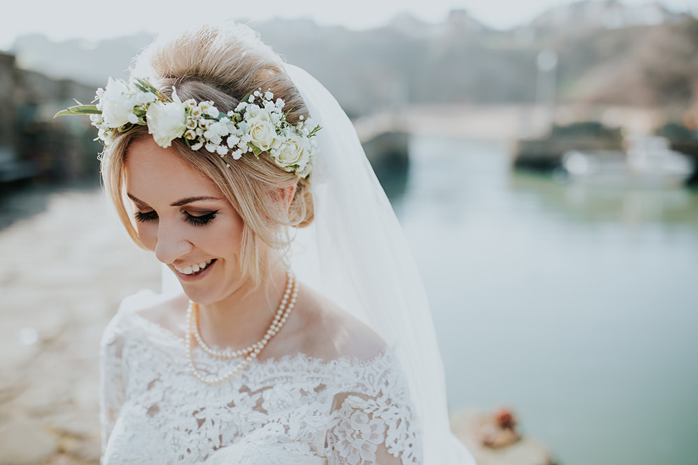 Dress Gown Bride Bridal Lace Long Sleeves Bardot Off Shoulder Train Veil Flower Crown Make Up Scandi Foliage Wedding Ross Alexander Photography