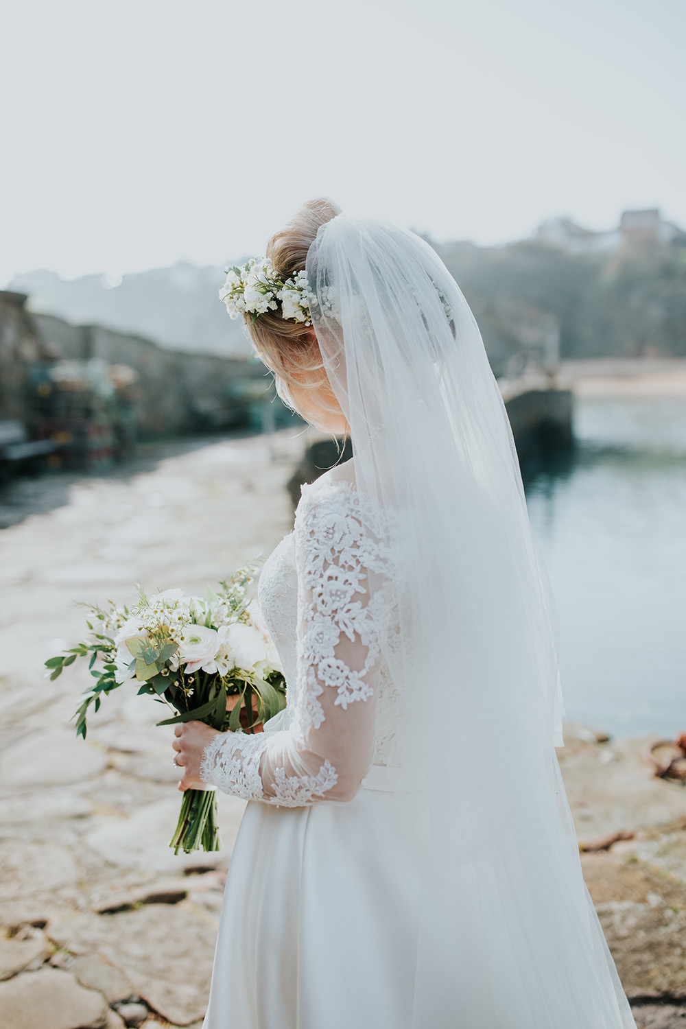 Dress Gown Bride Bridal Lace Long Sleeves Bardot Off Shoulder Train Veil Scandi Foliage Wedding Ross Alexander Photography