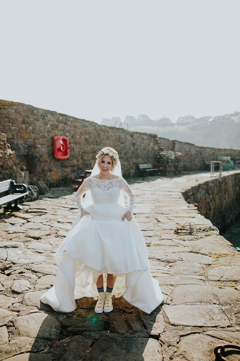 Dress Gown Bride Bridal Lace Long Sleeves Bardot Off Shoulder Train Veil Trainers Socks Scandi Foliage Wedding Ross Alexander Photography