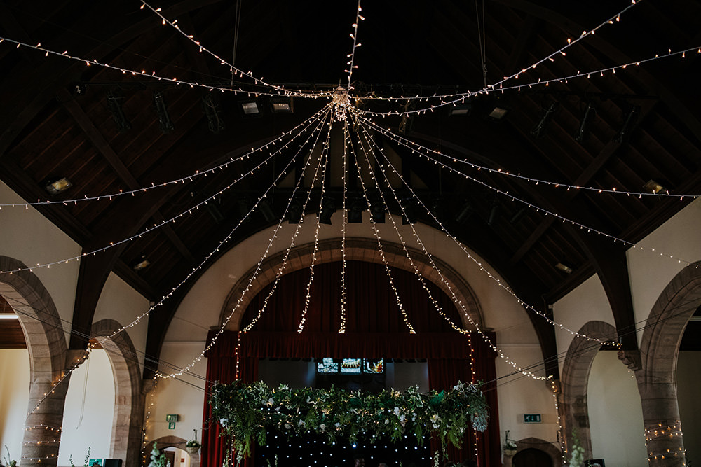 Hall Fairy Light Ceiling Canopy Venue Reception Scandi Foliage Wedding Ross Alexander Photography