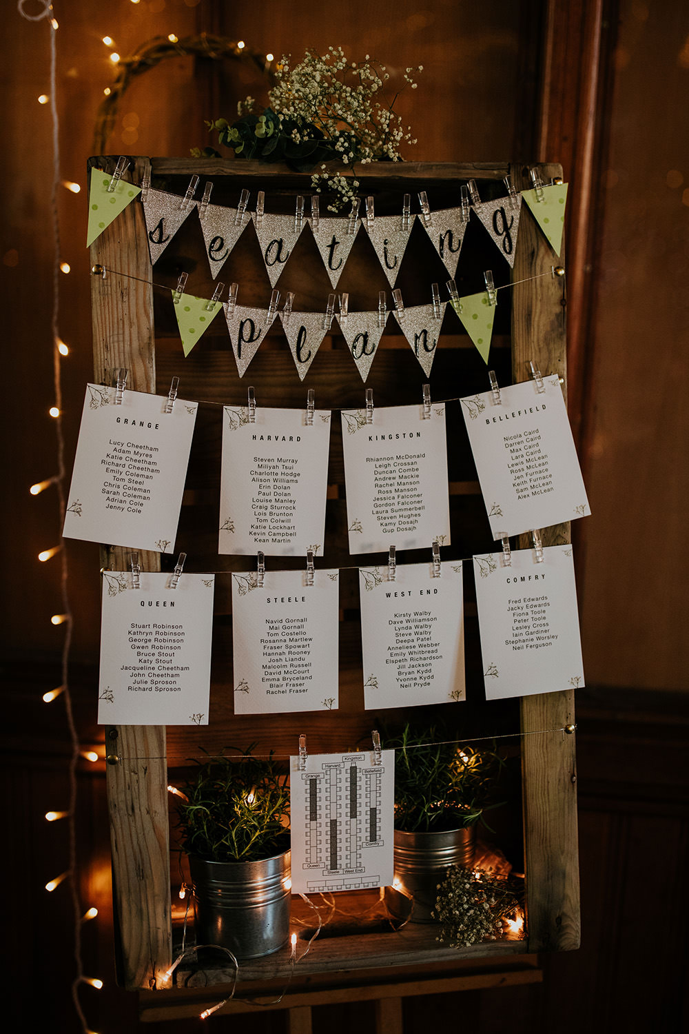 Seating Plan Table Chart Pegs Bunting Wooden Frame Scandi Foliage Wedding Ross Alexander Photography