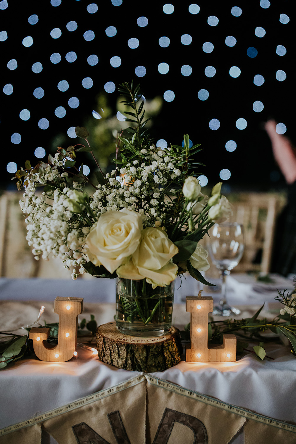 Greenery Flowers Jar Log Stand Lights Centrepice Table White Rose Scandi Foliage Wedding Ross Alexander Photography