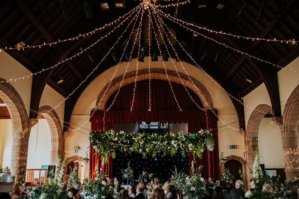 Hall Fairy Light Ceiling Canopy Venue Reception Greenery Flower Backdrop Top Table Scandi Foliage Wedding Ross Alexander Photography
