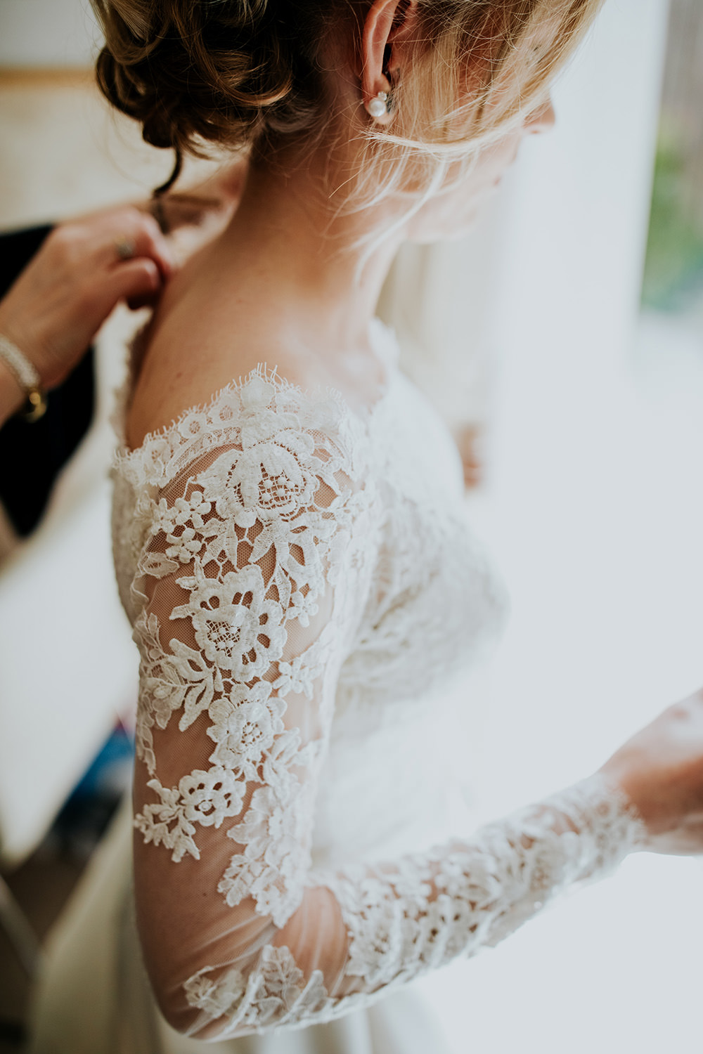 Dress Gown Bride Bridal Lace Long Sleeves Bardot Off Shoulder Train Veil Scandi Foliage Wedding Ross Alexander Photography
