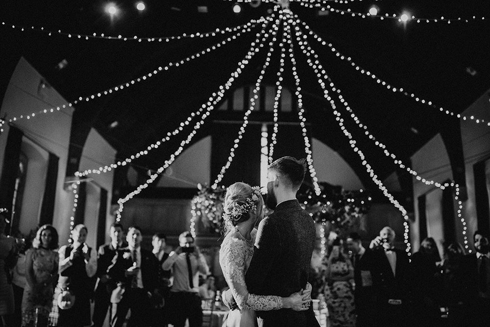Hall Fairy Light Ceiling Canopy Venue Reception Scandi Foliage Wedding Ross Alexander Photography