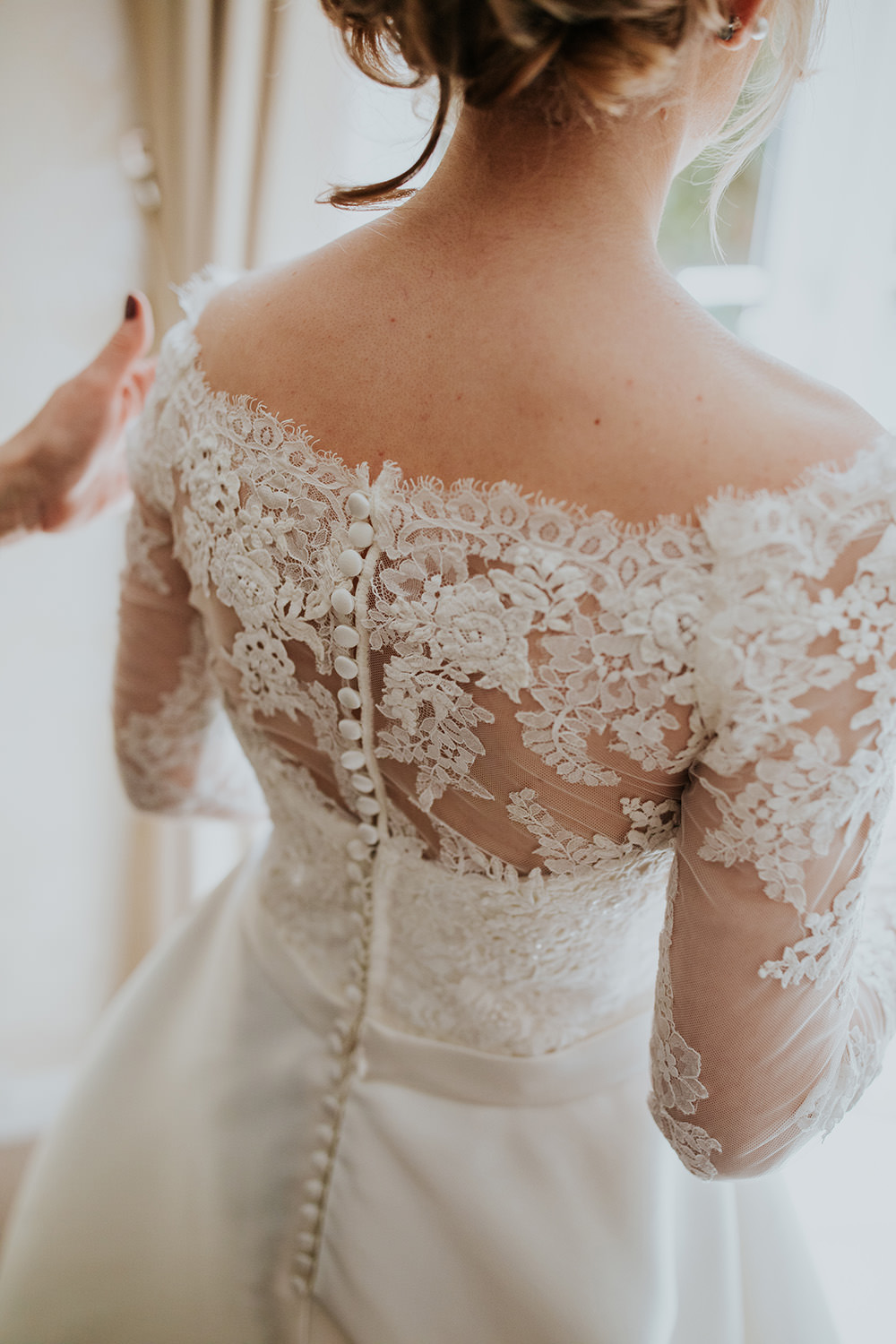 Dress Gown Bride Bridal Lace Long Sleeves Bardot Off Shoulder Train Veil Scandi Foliage Wedding Ross Alexander Photography