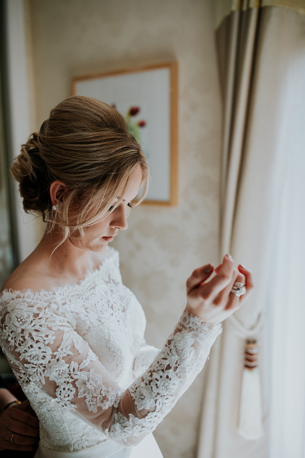 Dress Gown Bride Bridal Lace Long Sleeves Bardot Off Shoulder Train Veil Scandi Foliage Wedding Ross Alexander Photography
