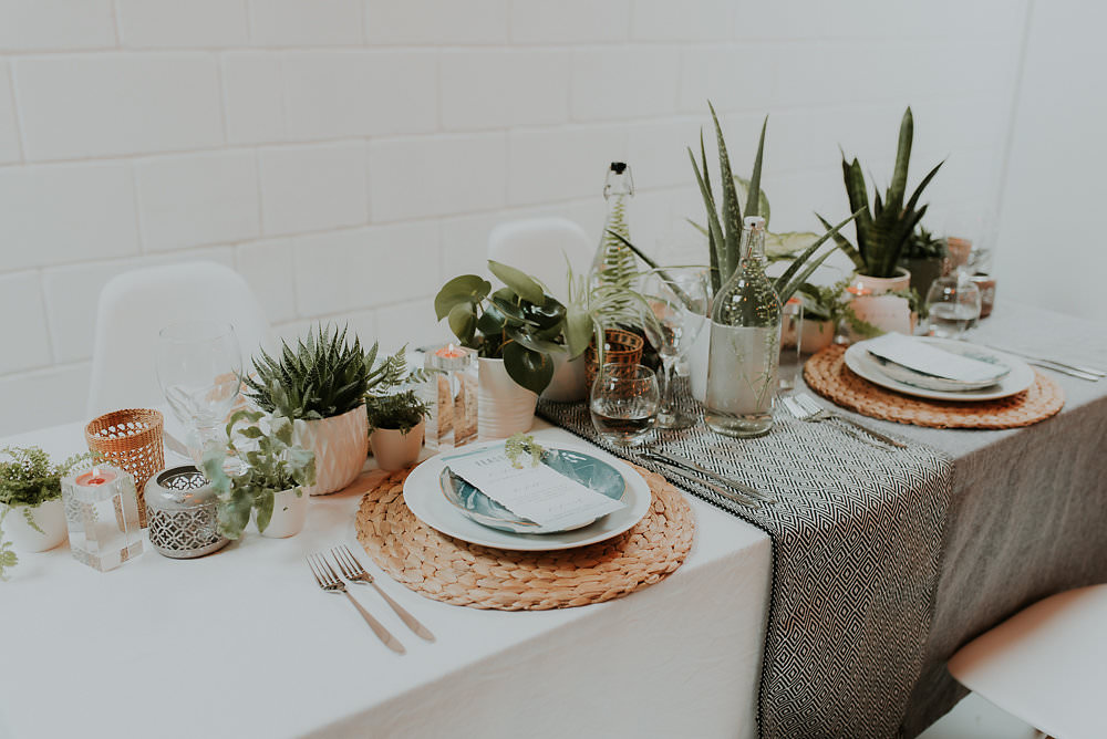 Tablescape Decor Table House Plants Succulents Foliage Greenery Scandinavian Mid Century Minimal Wedding Ideas Rachel Lou Photography