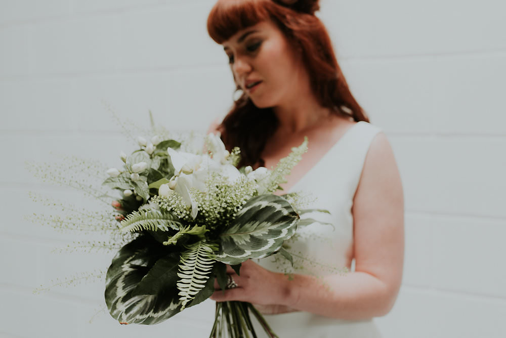 Bride Bridal Bouquet Flowers Fern Leaf Leaves Succulents Greenery Foliage Orchids Scandinavian Mid Century Minimal Wedding Ideas Rachel Lou Photography