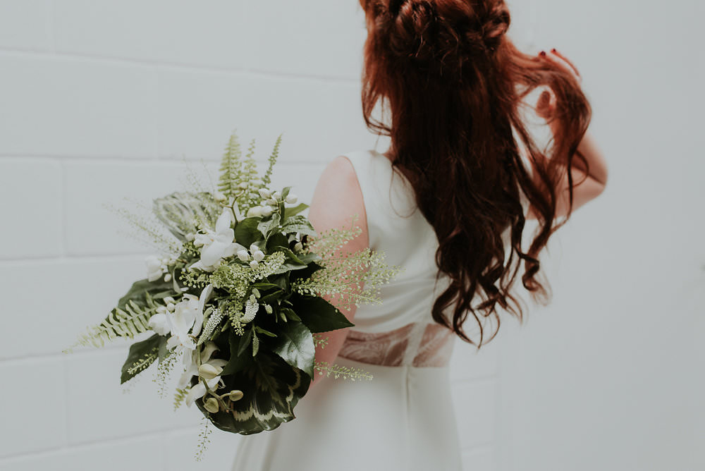 Bride Bridal Bouquet Flowers Fern Leaf Leaves Succulents Greenery Foliage Orchids Scandinavian Mid Century Minimal Wedding Ideas Rachel Lou Photography