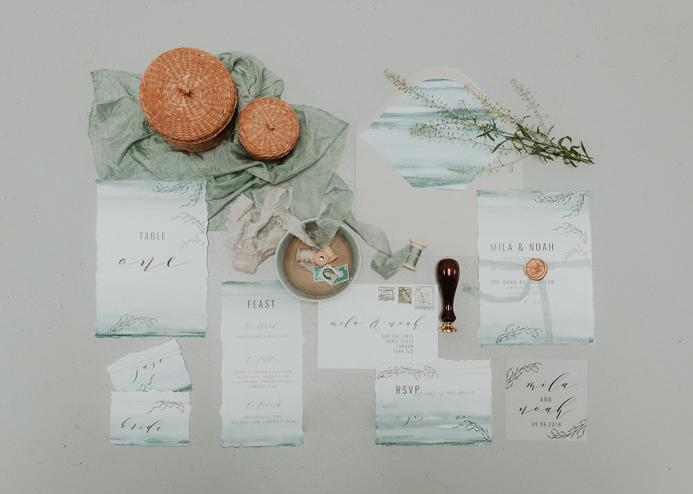 Watercolour Stationery Sage Green Pale Blue Invite Invitations Scandinavian Mid Century Minimal Wedding Ideas Rachel Lou Photography