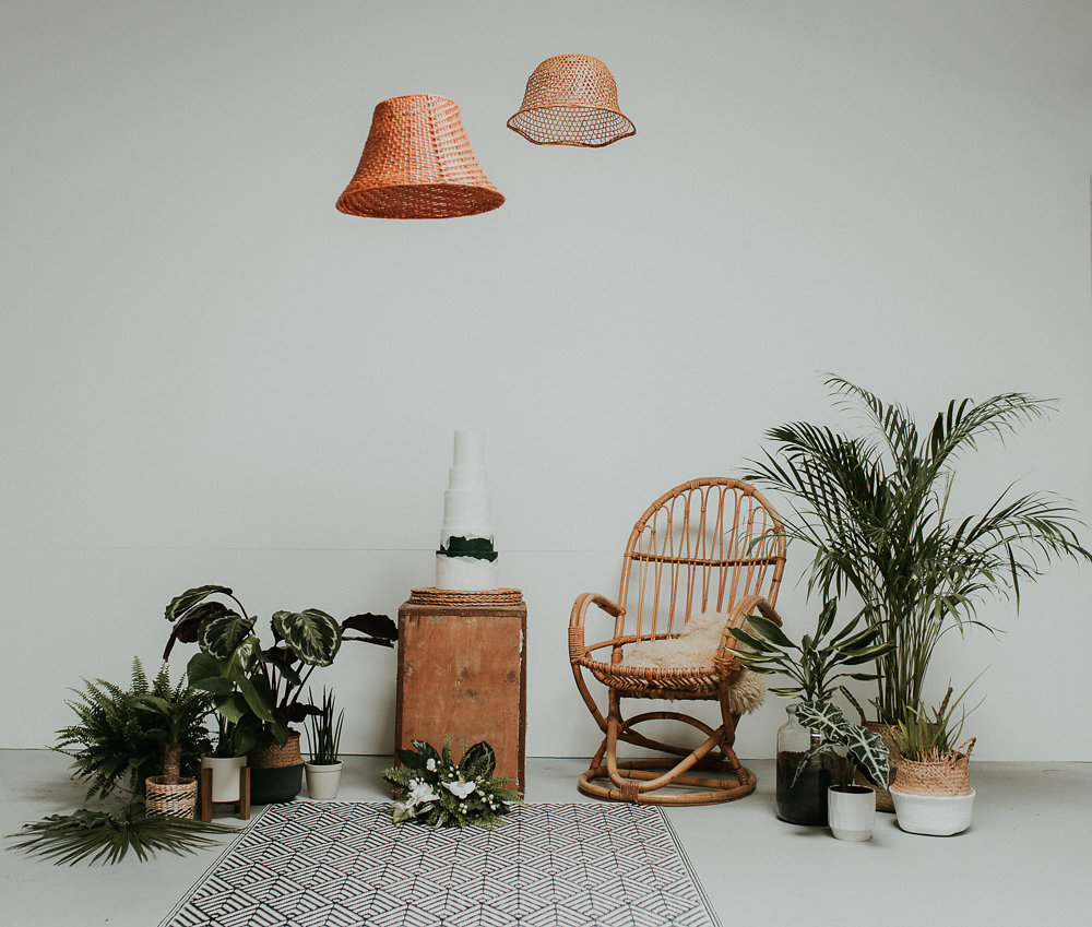 Peacock Chair Decor Table House Plants Succulents Foliage Greenery Cake Lampshades Scandinavian Mid Century Minimal Wedding Ideas Rachel Lou Photography