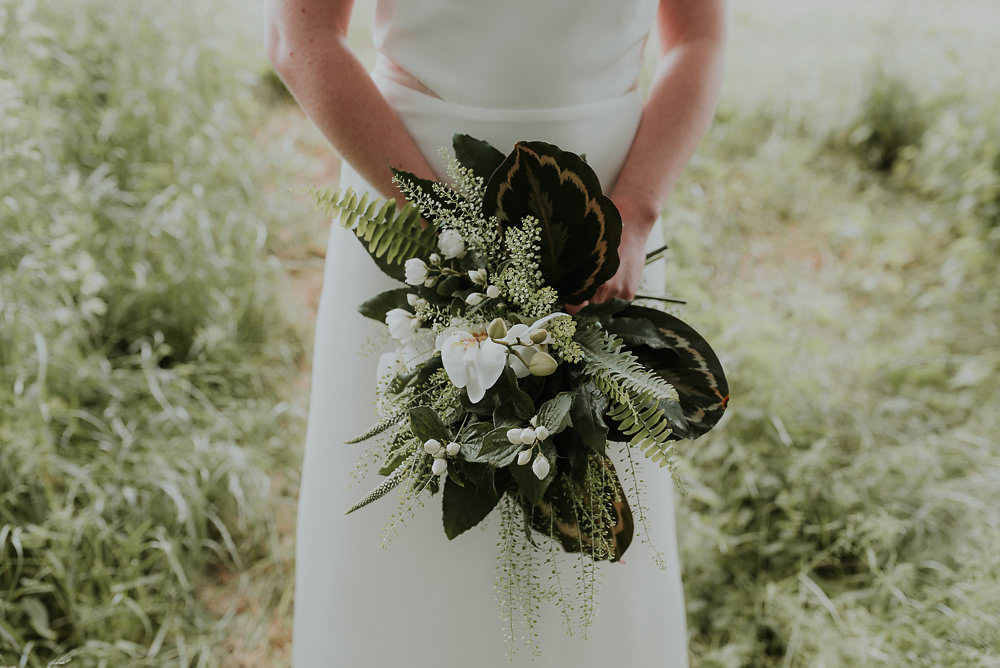 Bride Bridal Bouquet Flowers Fern Leaf Leaves Succulents Greenery Foliage Orchids Scandinavian Mid Century Minimal Wedding Ideas Rachel Lou Photography